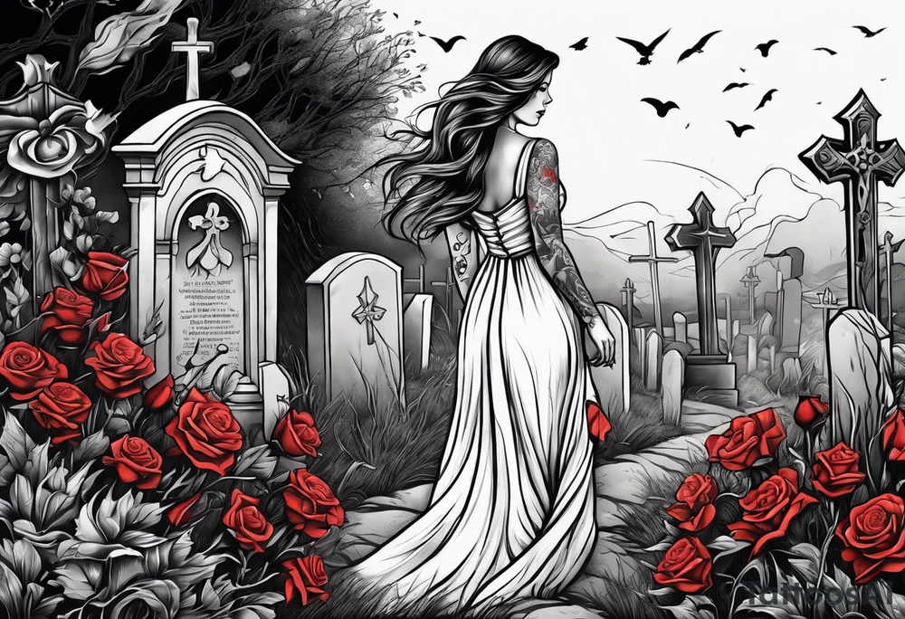 Woman walking out of a graveyard  leaving her old terrifying past behind her tattoo idea