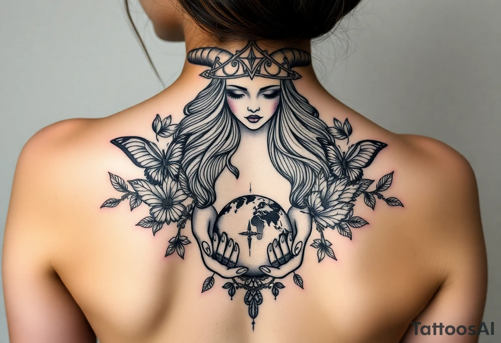 Taurus goddess with earth in her hands and butterflies and flowers all around her tattoo idea