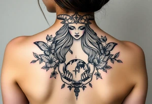 Taurus goddess with earth in her hands and butterflies and flowers all around her tattoo idea