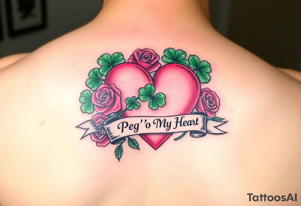 Bunch of Green shamrocks & a few red roses with a big Pink heart and a banner across the heart that says " Peg 'o My Heart" tattoo idea