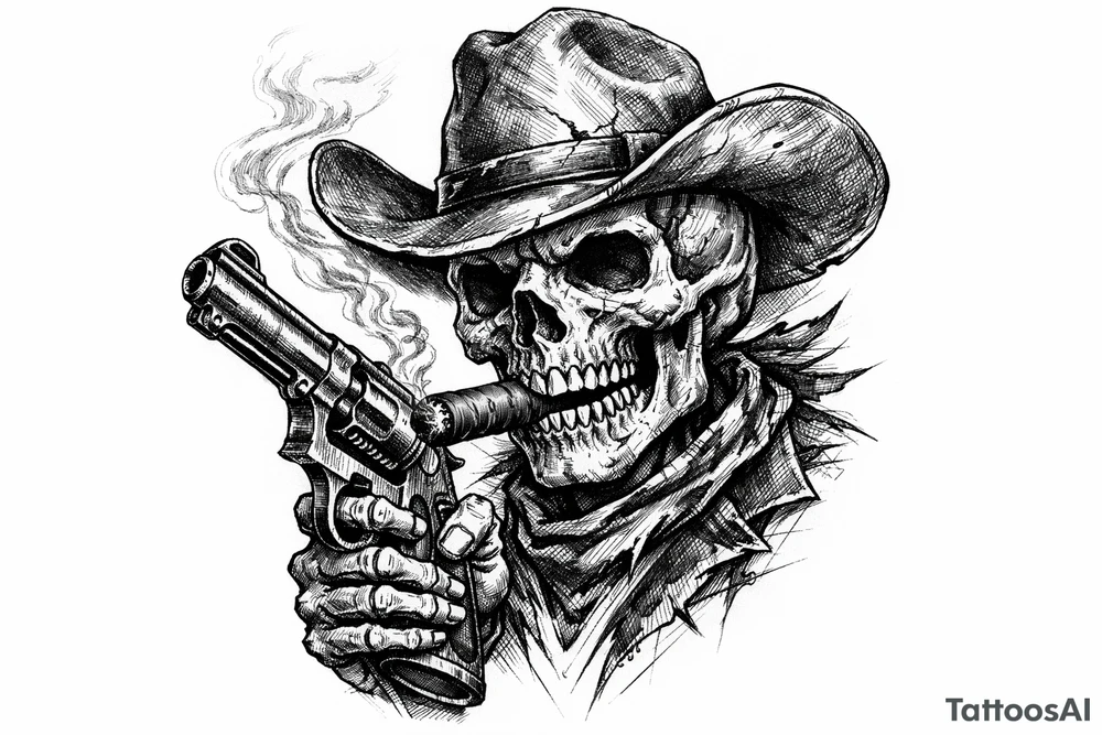 skull with cowboy-hat,a big cigar in his mouth and a gun in a hand. tattoo idea
