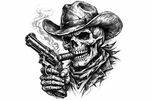 skull with cowboy-hat,a big cigar in his mouth and a gun in a hand. tattoo idea