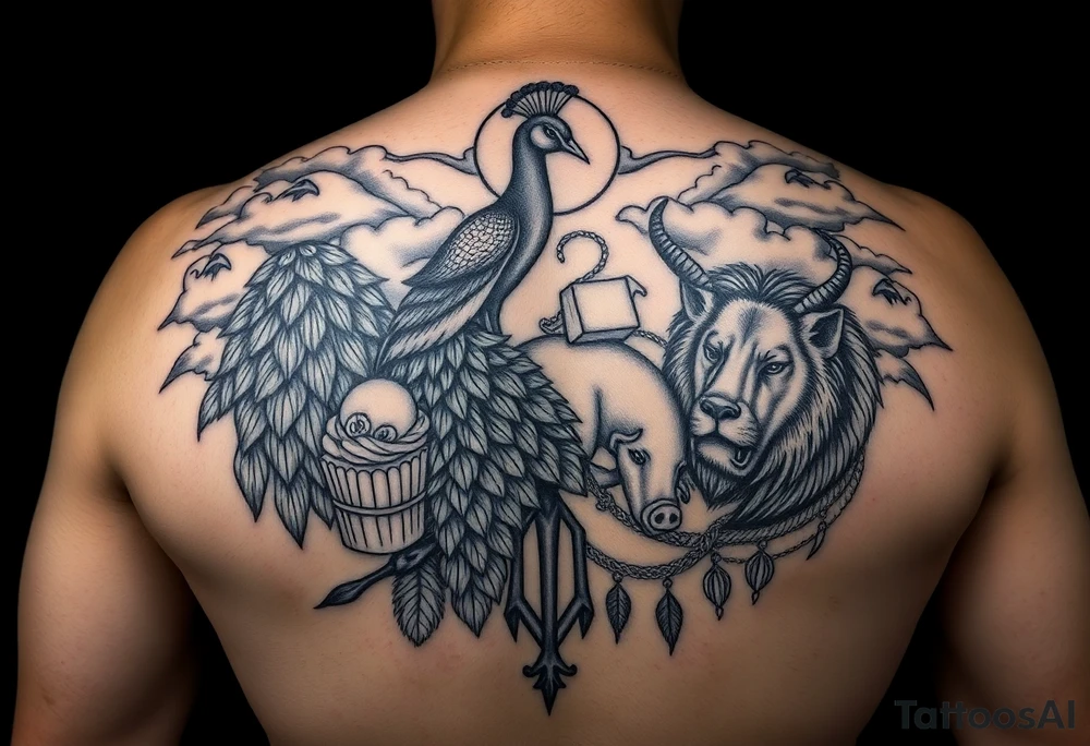 fat naked woman , peacock , pig ,cakes, liquor, cigerette, Storm clouds, pig, peacock , fat sexy naked fat woman, cupcakes, noose , money, goat lion, couple having sex, cigerette storm lightening, killing, darkness death, violent majestic creatures tattoo idea