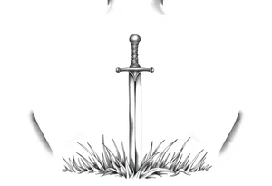 realistic sword in the ground with light grass showing humbleness. tattoo idea