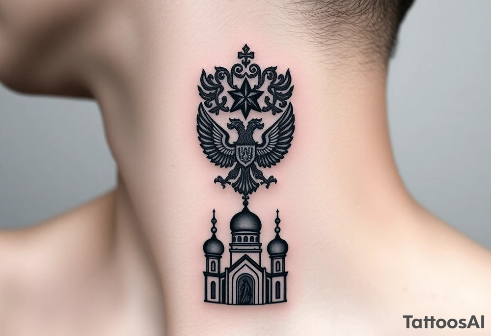 Stacked Vertical Column 

Russian star — bold
Middle: double-headed eagle — simplified, cleaner lines to suit the smaller space
Bottom: Orthodox church dome(s) & a Virgin Mary silhouette beneath tattoo idea