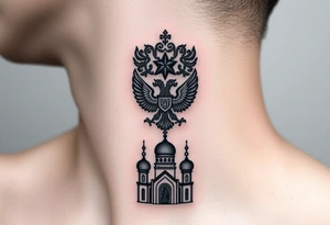Stacked Vertical Column 

Russian star — bold
Middle: double-headed eagle — simplified, cleaner lines to suit the smaller space
Bottom: Orthodox church dome(s) & a Virgin Mary silhouette beneath tattoo idea