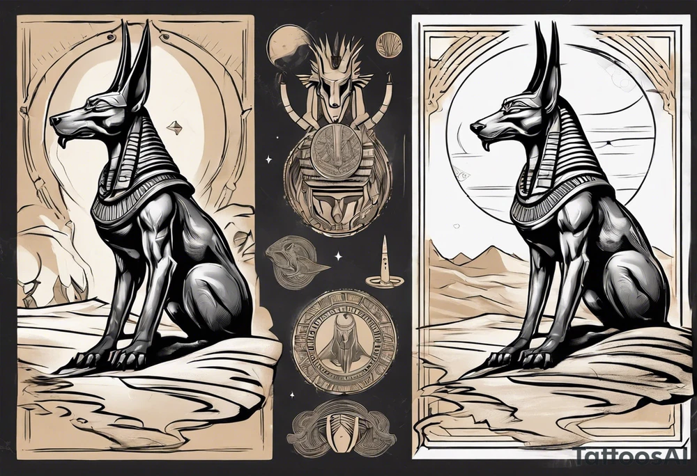 Egyptian god Anubis' head in desert with a cobra tattoo idea