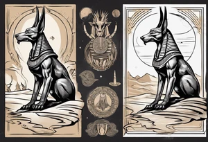 Egyptian god Anubis' head in desert with a cobra tattoo idea