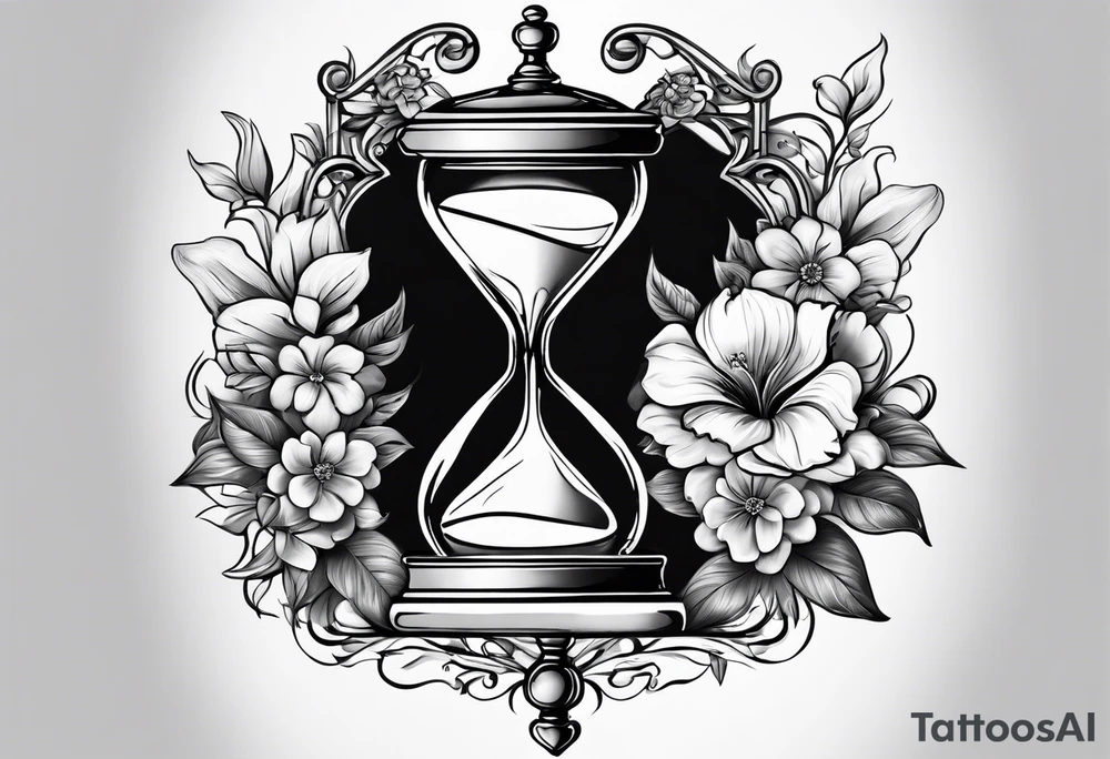 Hour glass and flowers and a heart clock tattoo idea