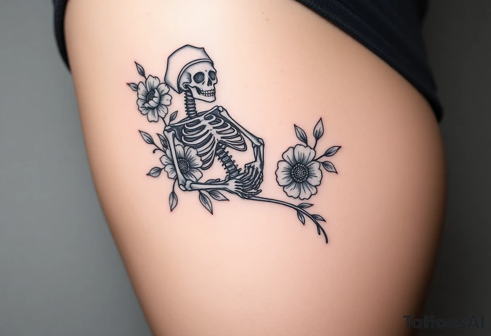 Pretty Nurse skeleton with peonies and honey combs tattoo idea