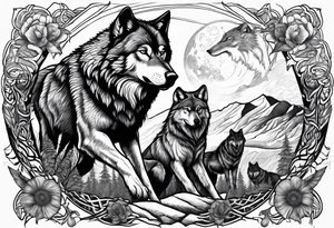 Wilderness large wolf scene with the dad wolf protecting the pack tattoo idea