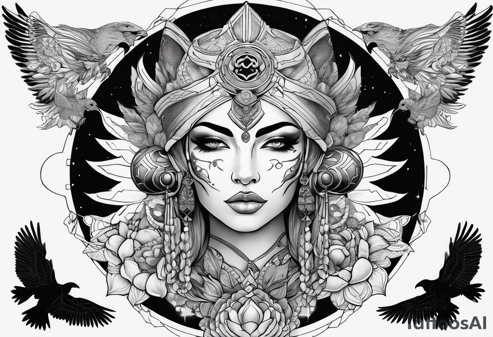 kali ma, alien goddess, valkrye, aries, pirate, divine feminine, zenza resonance, pachamama, lotus azul, blank panther, eagle, skull, 5D, nueva gaya, dna 12 tattoo idea