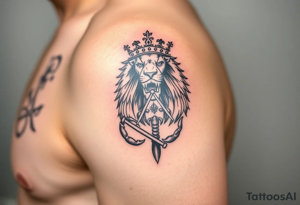 Full arm tattoo, Poseidon , a powerful and majestic lion with a crown and in the middle of this crown a square is a freemason's compass, a realistic scorpion, tattoo idea