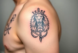 Full arm tattoo, Poseidon , a powerful and majestic lion with a crown and in the middle of this crown a square is a freemason's compass, a realistic scorpion, tattoo idea