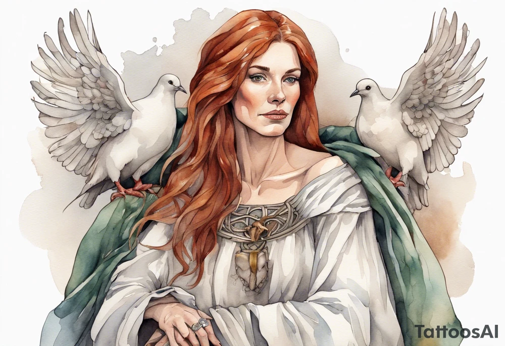 a 45-year-old medieval woman with auburn hair wearing a white feather cloak sitting on a throne with one dove perched on her shoulder tattoo idea