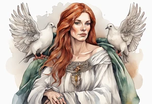 a 45-year-old medieval woman with auburn hair wearing a white feather cloak sitting on a throne with one dove perched on her shoulder tattoo idea