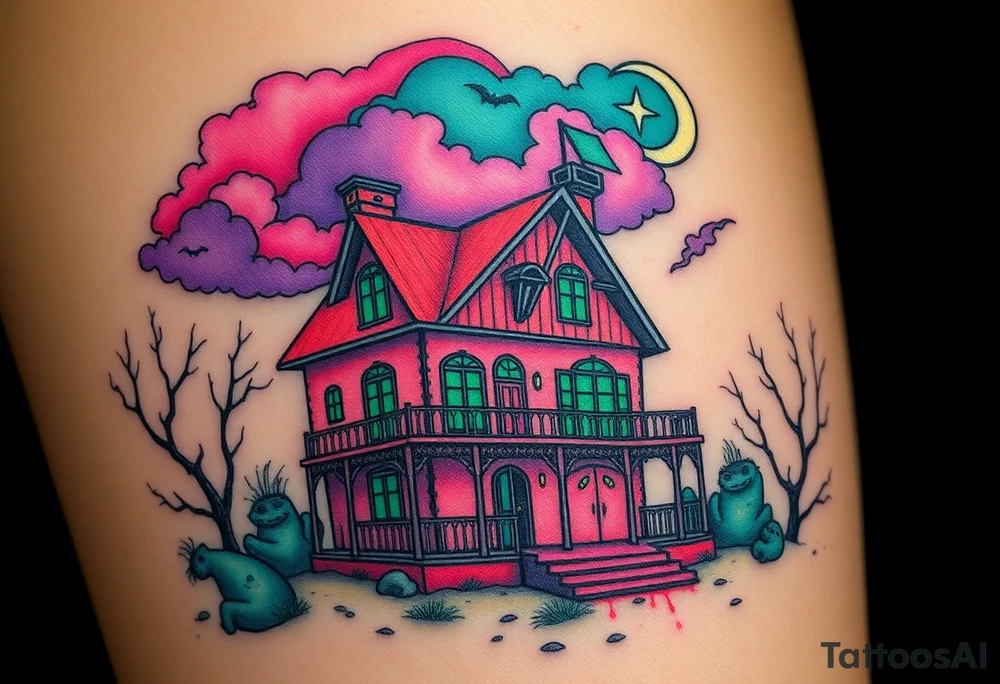 Tim Burton’s haunted pastel beach home is abandoned and dripping with muted reds, dusty pinks, and eerie green glow.purple and cyan smokey clouds swirl in the crescent moonlit sky thats sprinkled with stars tattoo idea tattoo idea