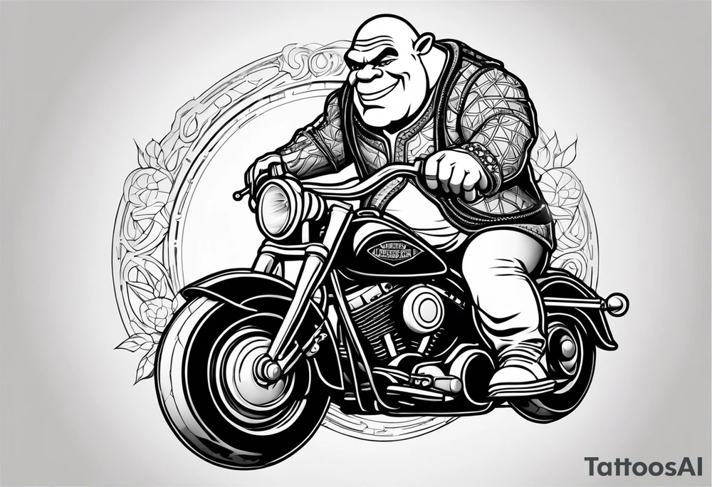 Shrek wearing leather riding a Harley Davidson tattoo idea