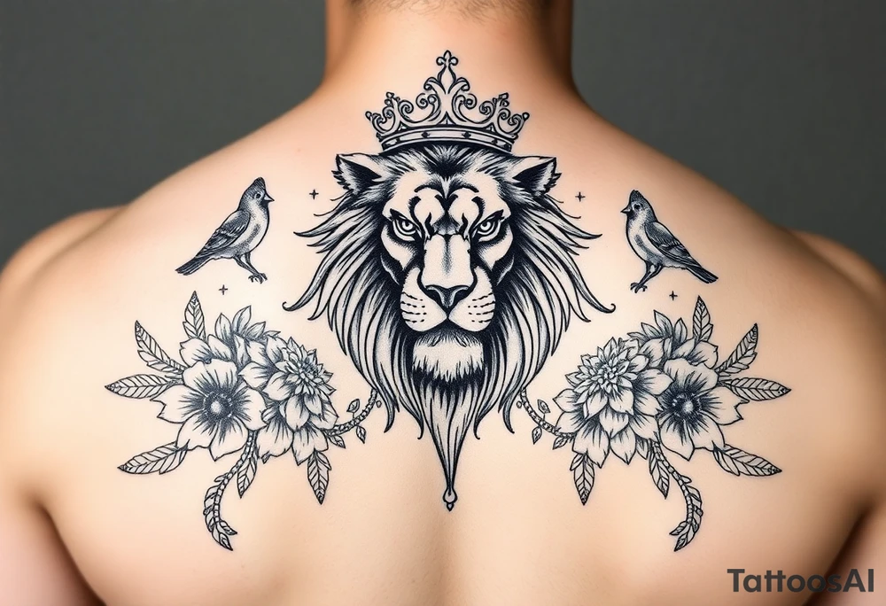 powerful majestic lion with a crown, surrounded by floral ornaments and birds tattoo idea