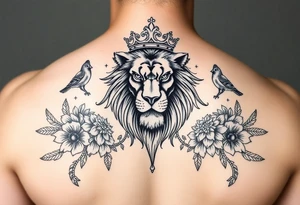 powerful majestic lion with a crown, surrounded by floral ornaments and birds tattoo idea