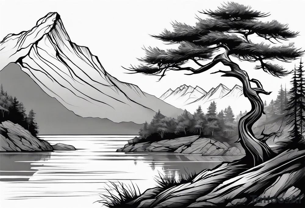 sleeve tattoo wind swept tree before lake with rock face on other side of ridge. tattoo idea