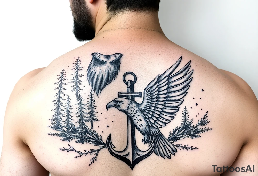 rustic Father time and the Keeper of the stars with a Forest backround, a hidden anchor, and 
Canadian Air force eagle tattoo idea