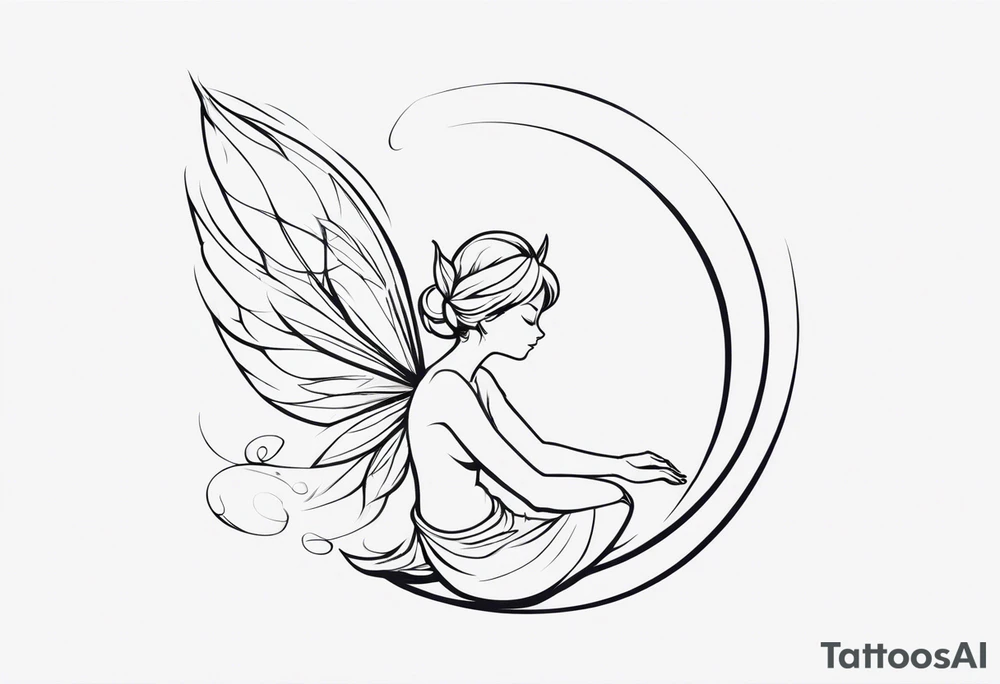 Minimalistic, monochromatic fairy with a tail flying to the left in a fetal position, leaning and looking in the same direction, with visible hands, embodying the 'Fairy Tail' logo aesthetic. tattoo idea