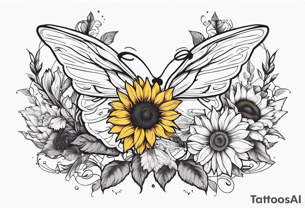 Sleeve with angel wings, sunflower and butterfly tattoo idea