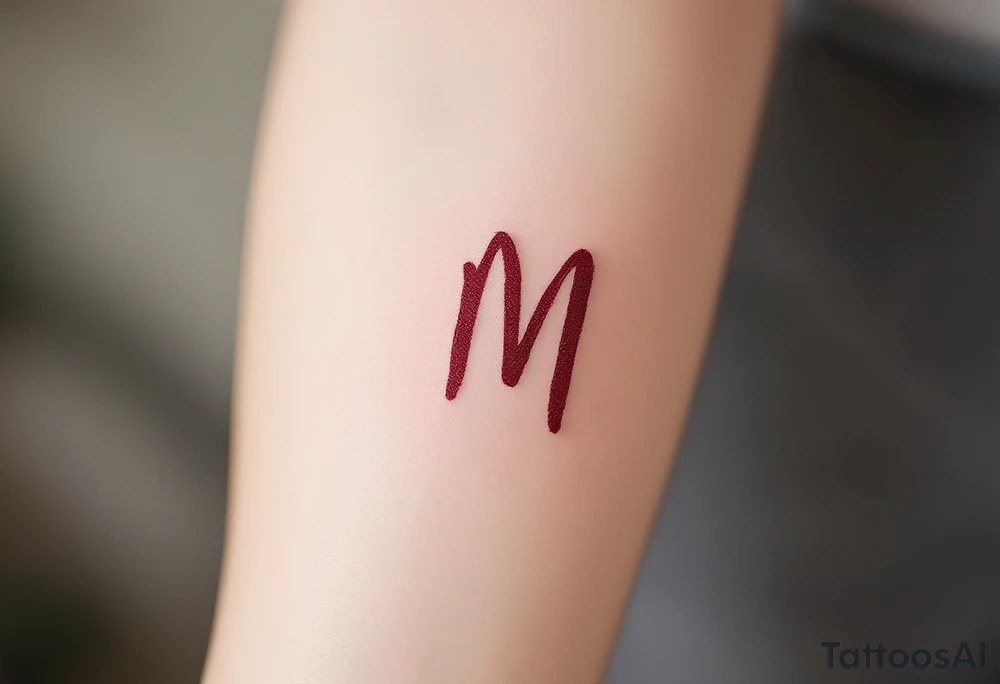 A brush-style "M" in burgundy red, looking bold and spontaneous. tattoo idea