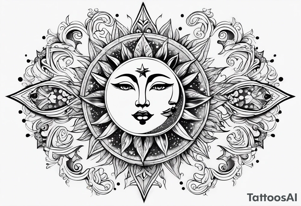 Feminine Sun and moon. long rectangular sternum swirls and dots and stars tattoo idea