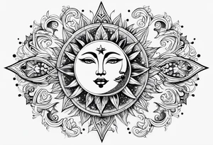 Feminine Sun and moon. long rectangular sternum swirls and dots and stars tattoo idea