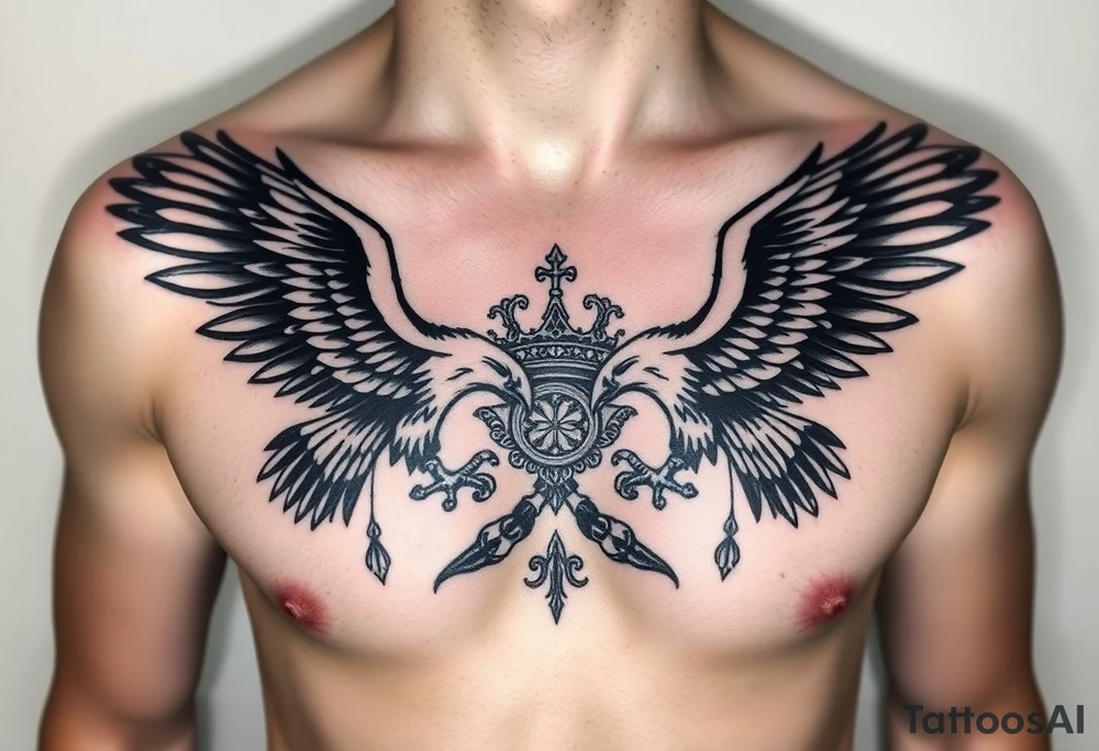 Chest tattoo,powerful two symetricalmajestic darks eagles, surrounded by lure ornaments , between eagles a crown tattoo idea