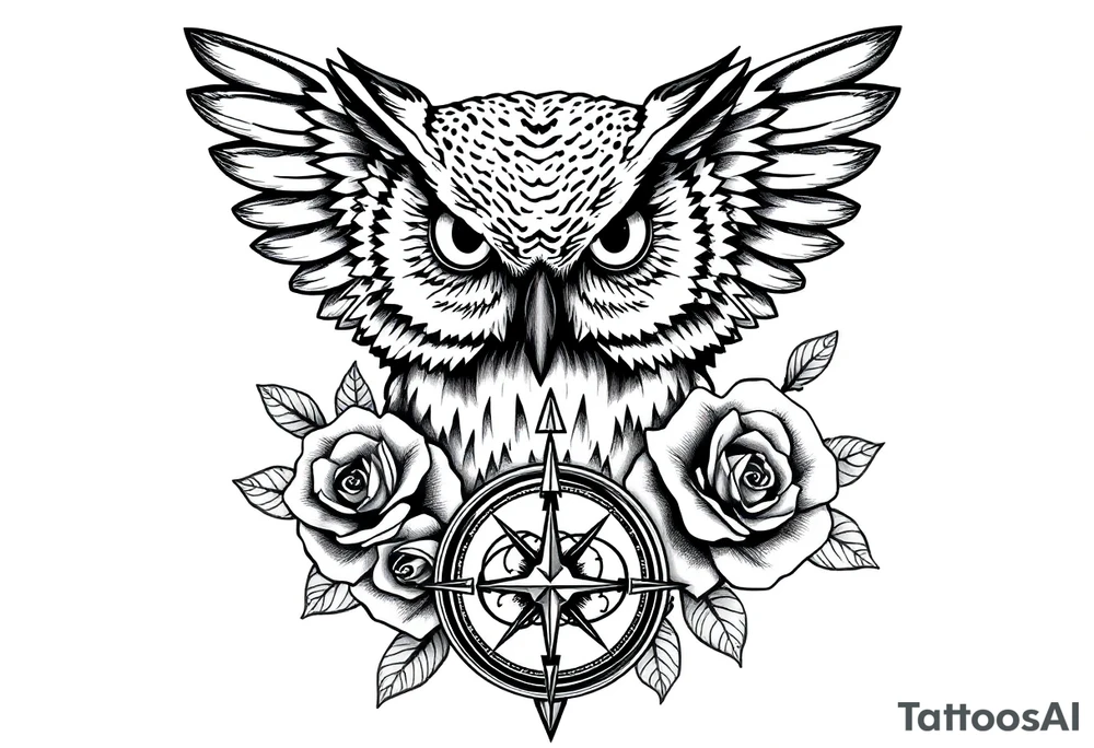 an owl,compass,roses, tattoo idea