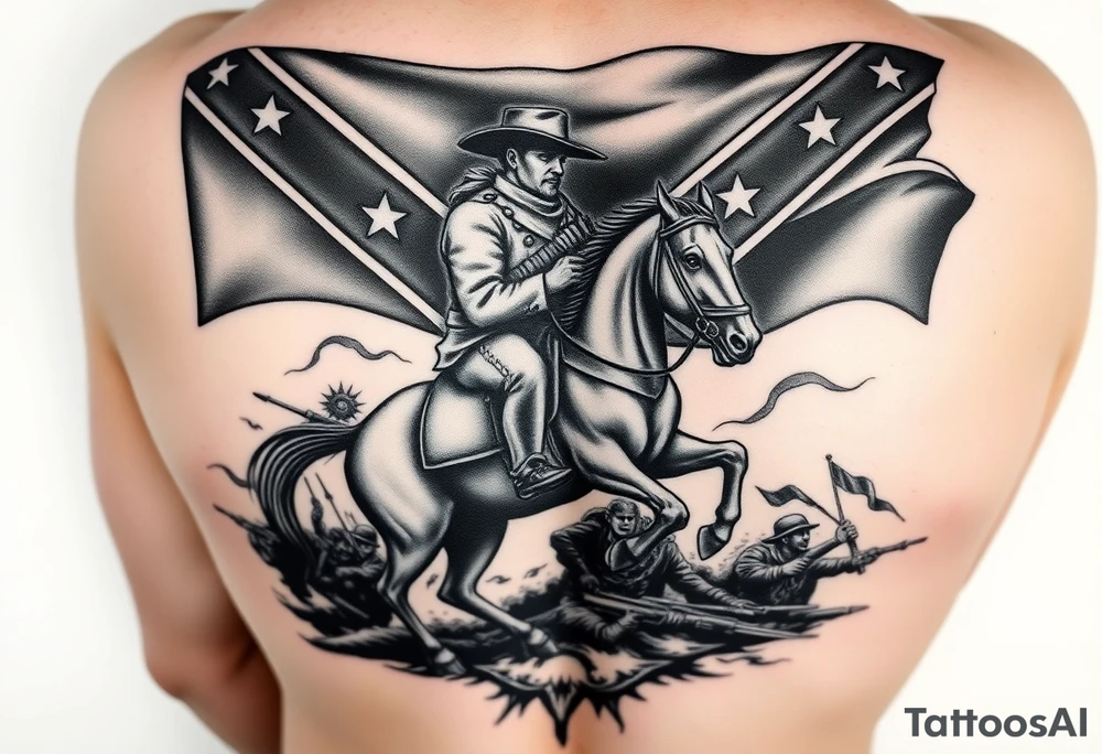 Confederate flag with a portrait of stonewall Jackson on a horse add in a battle scene with confederate soldiers winning & Jefferson Davis on one side add in shading and color add in WWII battle in the southern pacific & one fighting a big nazi battle tattoo idea