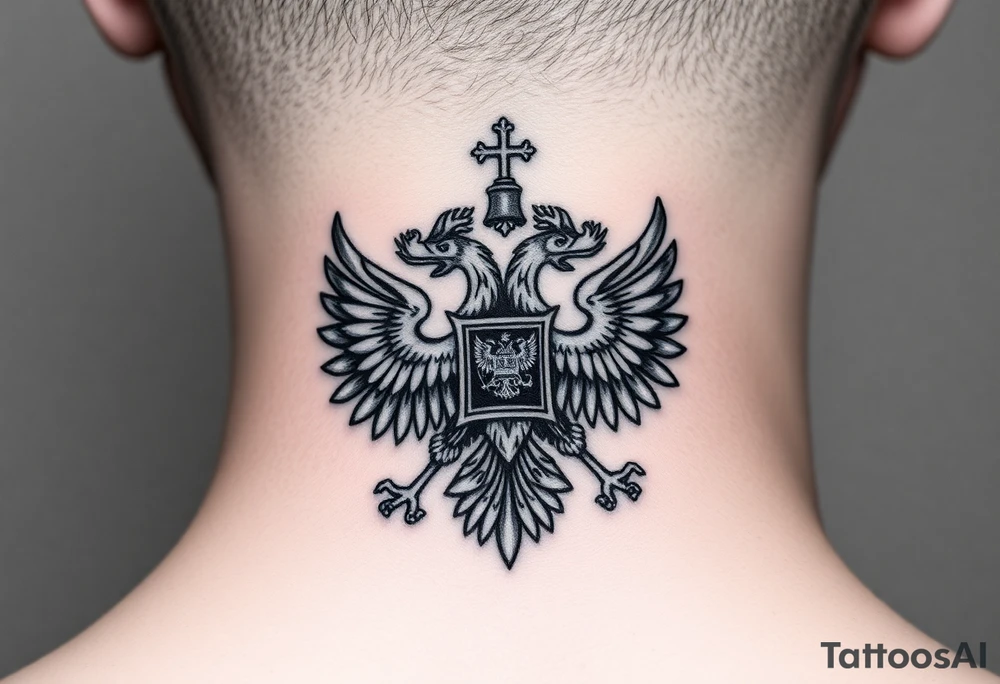 Russian coat of arms with the 2 headed traditional eagles left foot holding a ak47 wand and on the other the tractional orthodox Christian bell with the cross on the top tattoo idea