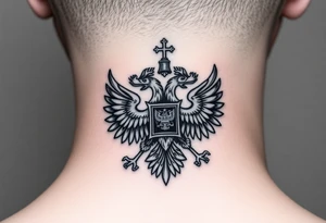 Russian coat of arms with the 2 headed traditional eagles left foot holding a ak47 wand and on the other the tractional orthodox Christian bell with the cross on the top tattoo idea