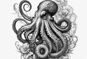 Lower leg sleeve. Large blue ring octopus holding mermaid tattoo idea