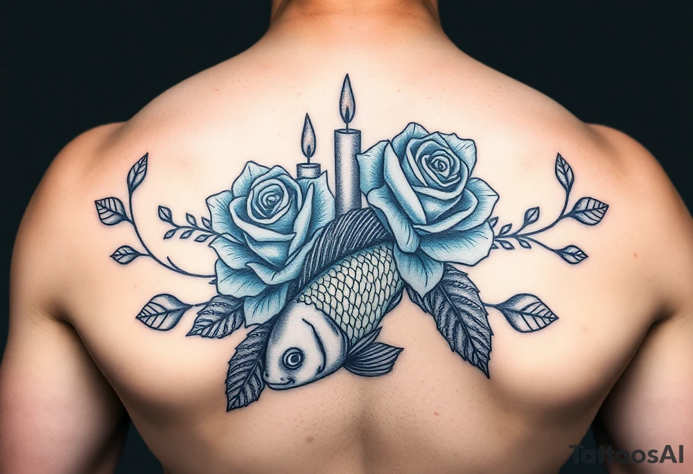 Blue roses and candles, water, fish tattoo idea