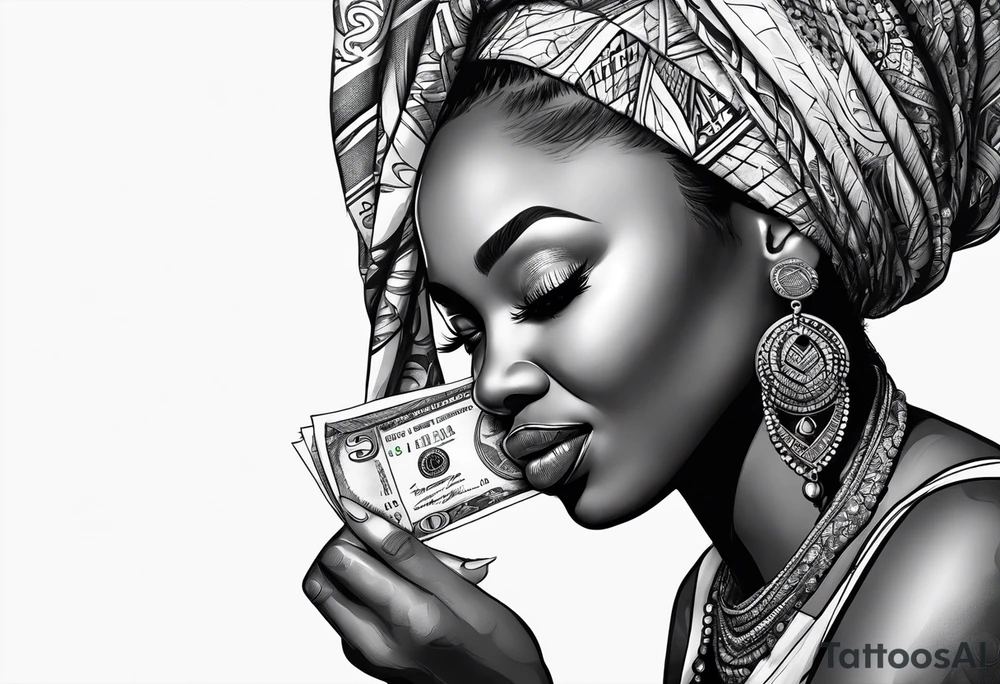 african woman biting money tattoo idea