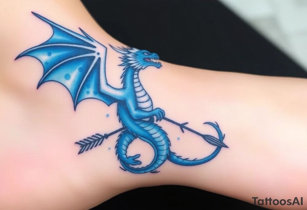 Blue fire breathing dragon with wings spread and an arrow through its chest tattoo idea