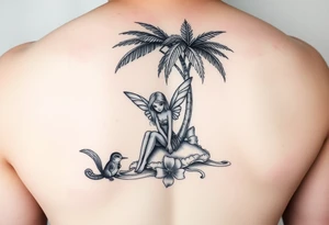 A blonde fairy sitting under a palm tree on an island with a squirrel, 
a blue butterfly, and a  hummingbird drinking from a flower. tattoo idea