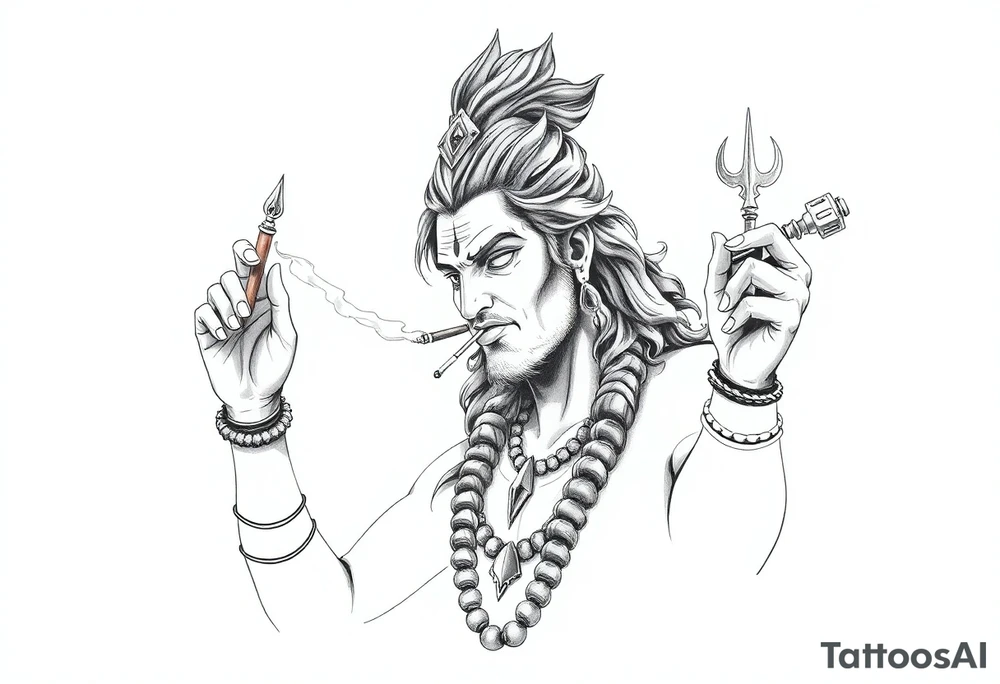 Shiva smoking a joint with one hand and spraying with another hand tattoo idea