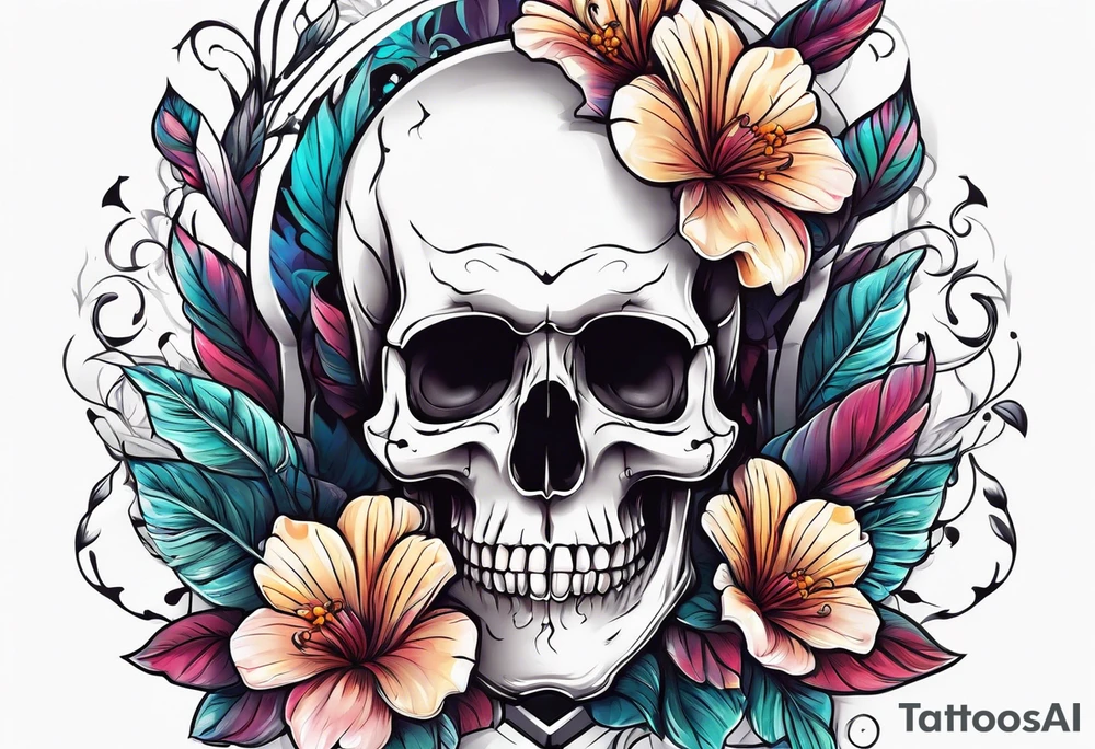 skull with one flower growing out of its head tattoo idea