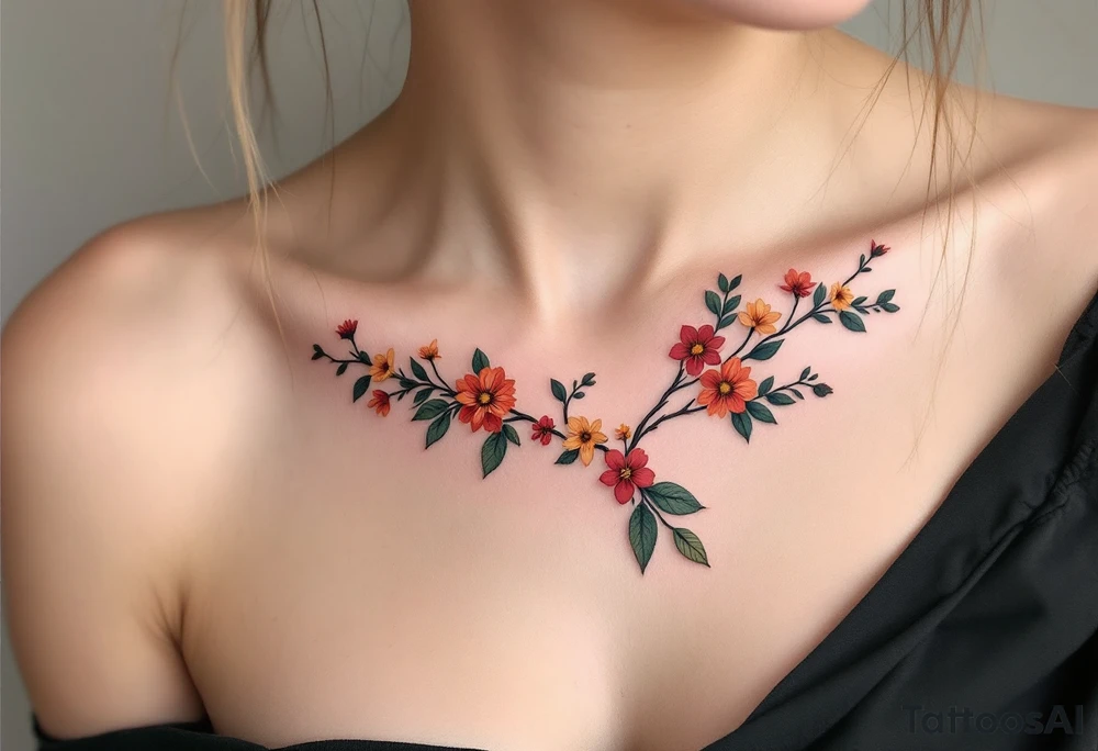 Two separate collarbone tattoos of long, stems and branches covered with red, orange, yellow and dark forest green leaves and flowers, academia, witchy, muted, delicate and gentle but moody, long and thin, following the collarbone. More muted, not so bright, darker colors. Fewer amount of leaves, larger leaves. Less flowers and leaves. tattoo idea