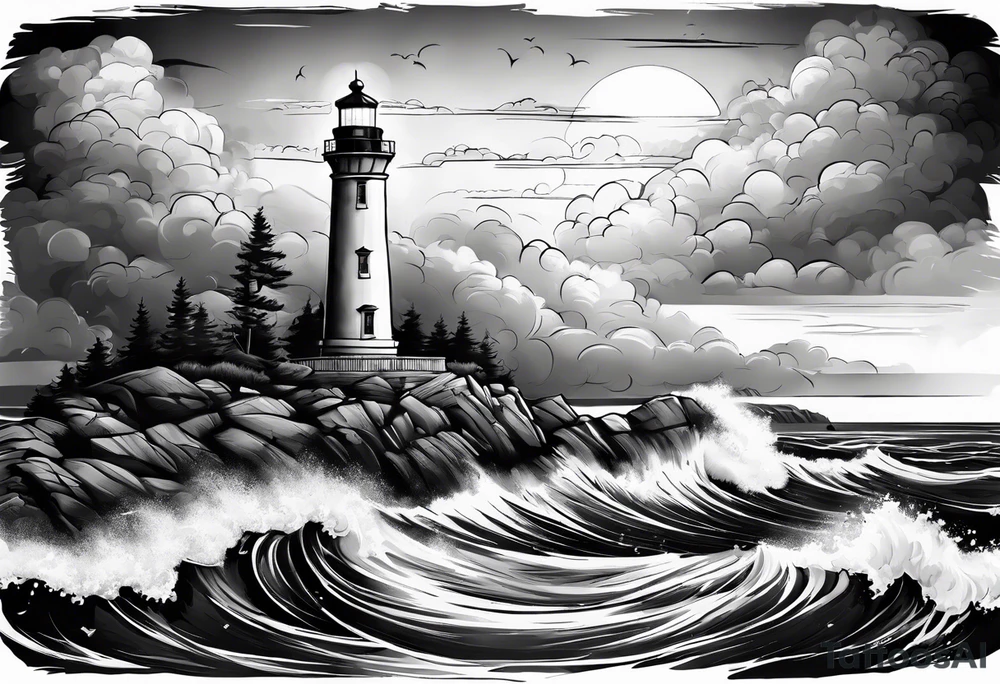 Lighthouse with black clouds tattoo idea