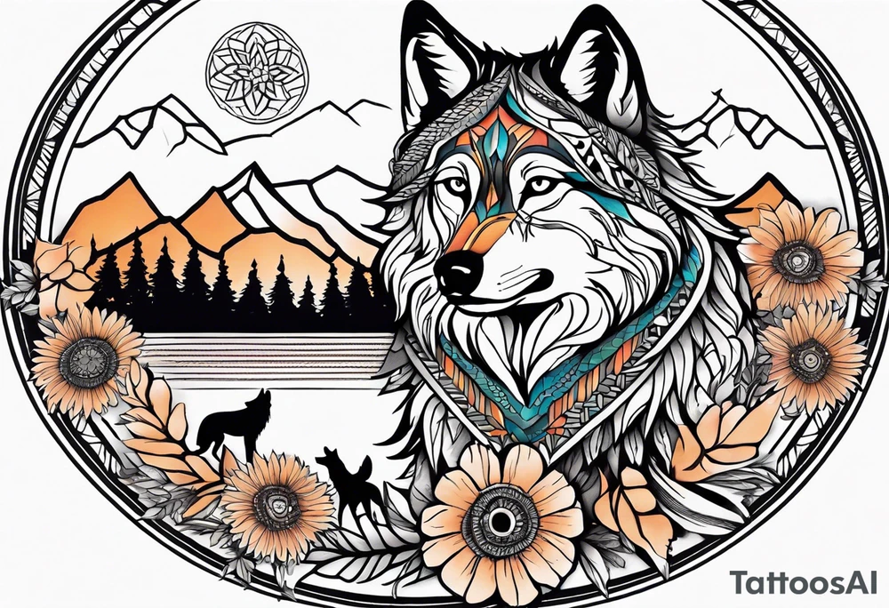 A whimsical wolf tattoo featuring mandala or dream catcher elements, with the wolf as the central focus, surrounded by mountains in the background. Include flowers and nature elements to fill the space around the wolf. Some color but not completely solid bold color tattoo idea