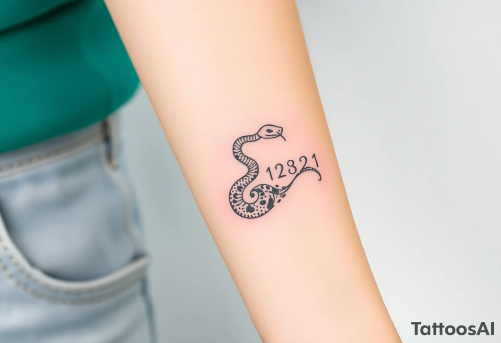 I want a small simple silhouette lines black and white wrist princess like girl snake tattoo that has number 12821 on its body along and also I want it to represent feminine energy crown queen Cycle tattoo idea