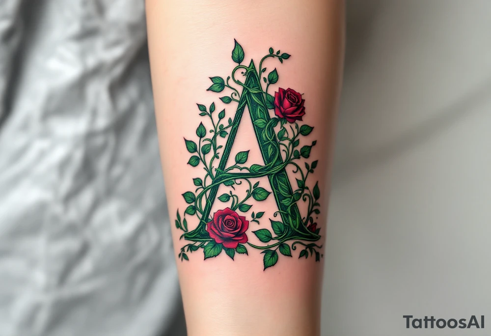 A floral "A" made of intertwined vines and roses in green and burgundy. tattoo idea