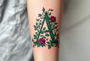 A floral "A" made of intertwined vines and roses in green and burgundy. tattoo idea