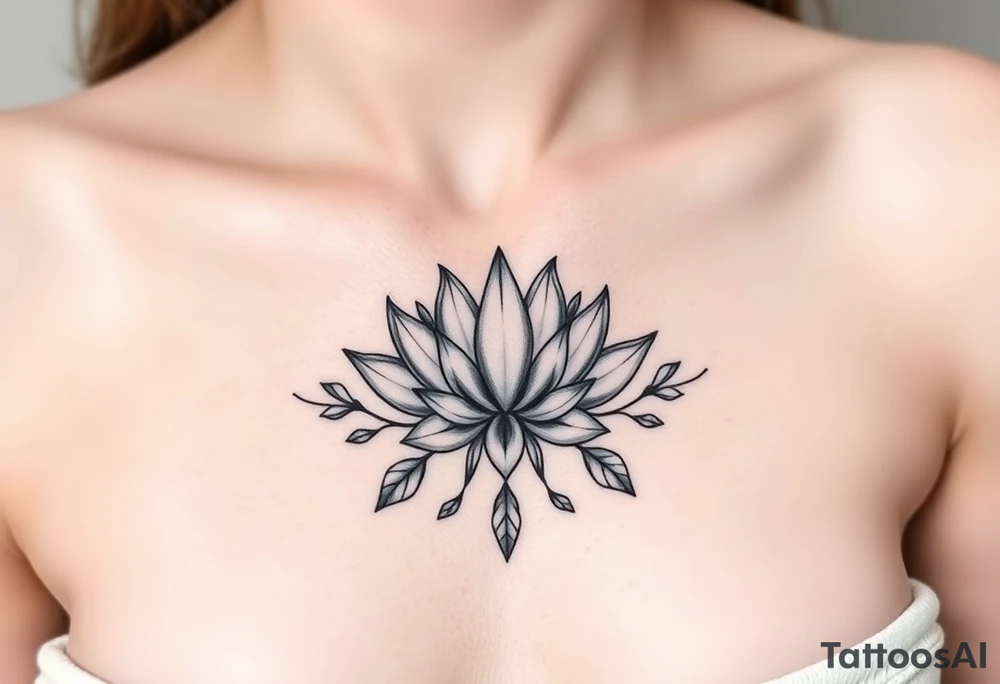 Symmetrical Lotus unalome with stems and leaves underboob tattoo idea